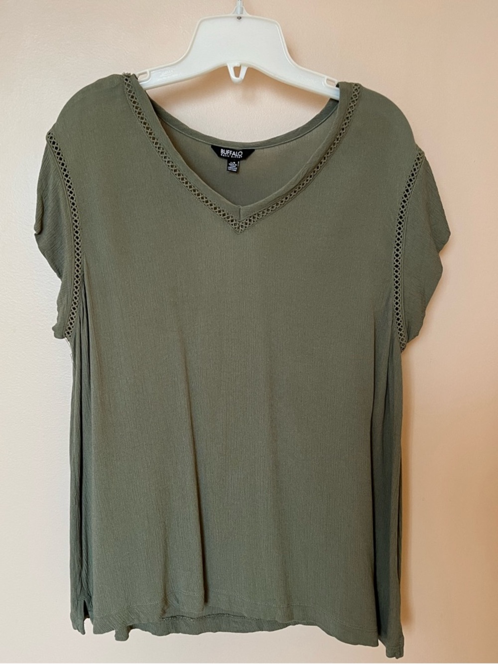 Buffalo David Bitton Olive Green V-Neck Crochet-Trim Short Sleeve Top